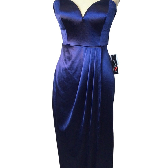 Teeze Me Navy Stretch Satin Faux Wrap Gown Size 5/6 NWT - Picture 2 of 12